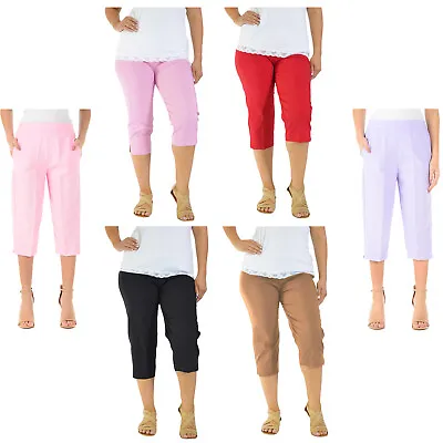£4.99 • Buy 3/4 Length Womens Ladies Stretch Elasticated Waist Plain Pants Cropped Trousers