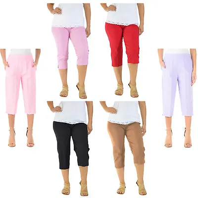 3/4 Length Womens Ladies Stretch Elasticated Waist Plain Pants Cropped Trousers • £3.99