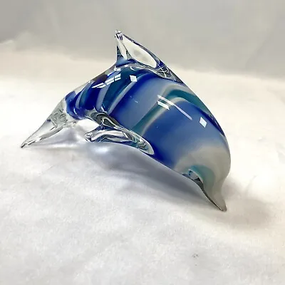Murano Style Dolphin Blue Swirl White Clear Marine Art Glass 6” • $10.19