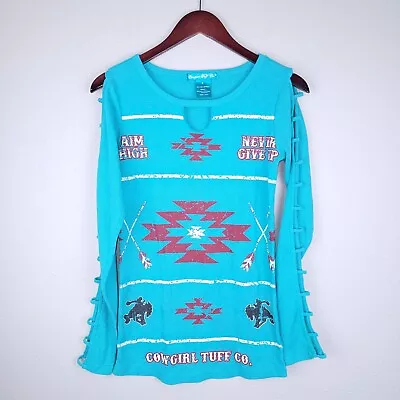 Cowgirl Tuff Top Small Long Sleeve Cut Out Aztec Print Thermal Shirt • $14.99