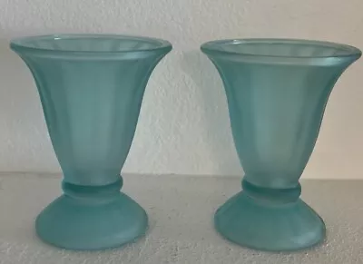 2 Vtg Frosted Satin Teal Blue Glass Ice Cream Sundae Dessert Pedestal Mexico 5” • $12