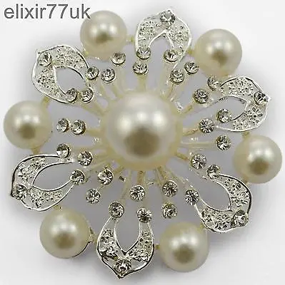 New 2.3  Silver Flower Large Pearl Brooch Diamante Crystal Bridal Cake Broach Uk • £7.40