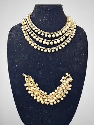 Trifari Crown RARE Multi Strand Pearl Goldtone Necklace & Bracelet Set Vntg • $399