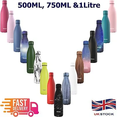Stainless Steel Water Bottles Insulated Metal Sports Gym Drinks Vacuum Flasks • £11.98