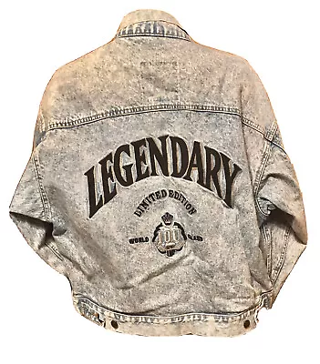 IOU Vintage Jean Jacket Blue Denim  Acid Wash Legendary Embroidered 40-44” Chest • $34