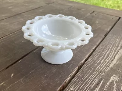 Vintage White Milk Glass Lace Edge Pedestal Footed Candy Dish Compote Bowl 7  • $15