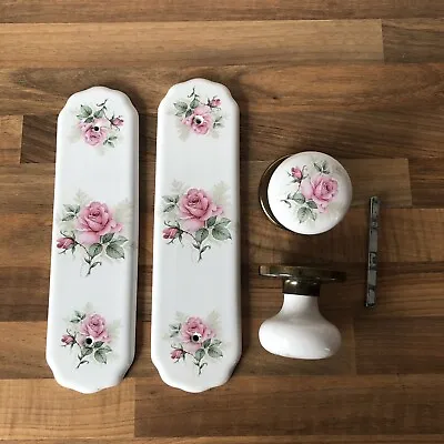£44.95 • Buy Vintage Ceramic Porcelain Door Finger Plates / Handles Knobs White Rose Floral