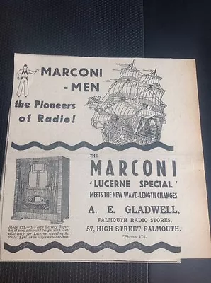 C5-2 Ephemera 1934 Advert Marconi Marconiphone Radio Pioneers Gladwell Falmouth • $2.99