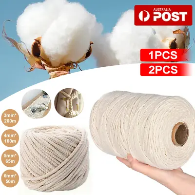 $15.66 • Buy 3/4/5/6mm Macrame Rope Natural Beige Cotton Twisted Cord Artisan Hand Craft 2pcs