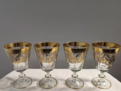 4 SC Line Italy 24k Gold Rim Etched Crystal Goblets Wine Glasses. REDUCED!!!! • $34.99