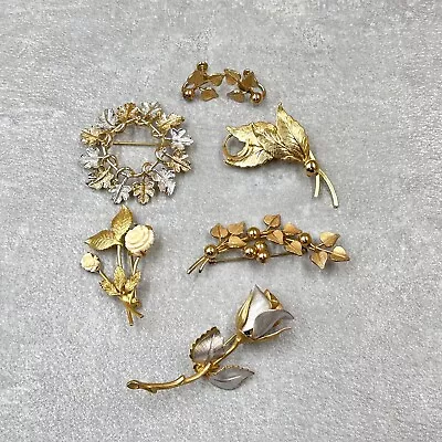 Vintage Gold Tone Brooches Leaf Floral Pins Lot Of 5 + Van Dell Leaf Earrings • $19.37