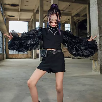 Girls Street Dance Clothing Black Gauze Sleeve HipHop Suit Dancewear Show Outfit • $177.06