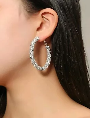 £3.75 • Buy Sparkling Silver Crystals Hoop Earrings For Women's Ladies Gift For Her
