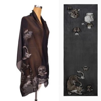 $474.09 • Buy NEW $455 ALEXANDER MCQUEEN Black Sheer REGAL LEOPARD SKULL 70  Long STOLE SCARF