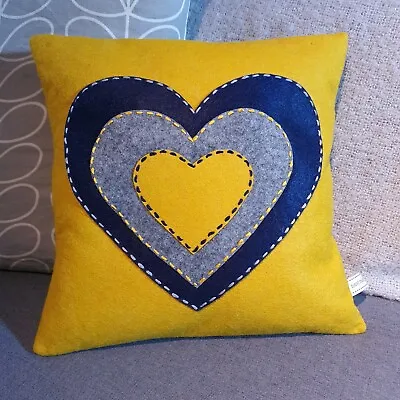 HEARTS Ochre/Navy/Grey Square Shape Cushion & Filler Sofa Boudoir Throw 12 X 12  • £22.99