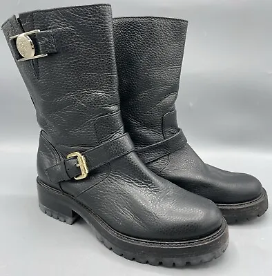 VERSACE Boots 36/6 Black Pebbled Leather Moto Ankle Boots Women's Designer READ • $99.99