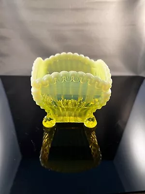 Antique Northwood Yellow Vaseline Opalescent Alaska Leg Glass Candy Dish 1900 • $54