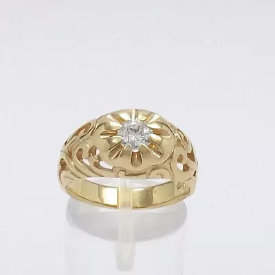 Victorian 14k Gold Round Solitaire Diamond Belcher Hand Carved Mens Unisex Ring • $854.05