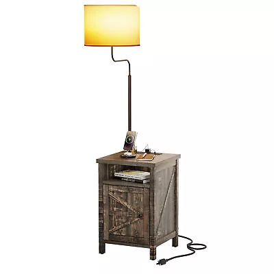 Floor Lamp With Table Farmhouse Wooden End Side Table With USB Port And Outlet • $89.99