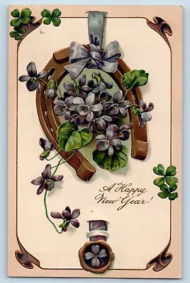 New Year Postcard Horseshoe Flowers Clover Embossed C1910's Antique Unposted • $14.95
