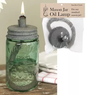 Mason Jar Oil Lamp Lid W/ Wick Standard Jar Size Barn Roof Gray Metal Farmhouse • $9.50