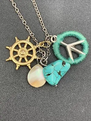 Vintage Necklace Pendant ￼ Peace Sign Ship Wheel MOP Turquoise￼18” Inches • $14.98