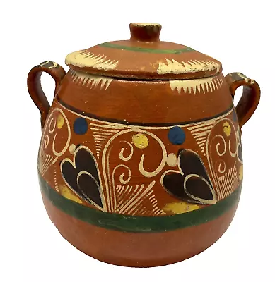 Vintage Mexican Pottery Clay Bean Pot With Handles & Lid. 1960’s  7 X 6 • $39.99