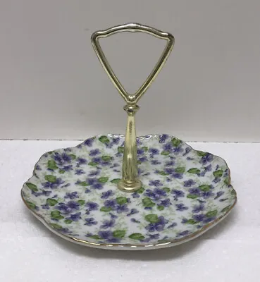 VTG LEFTON CHINA TIDBIT TRAY VIOLET CHINTZ FLORAL CANDY DISH Gold Handle Japan • $10.99