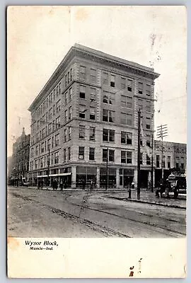 Muncie Indiana~Wysor Block~Main Street~1907 B&W Postcard • $13