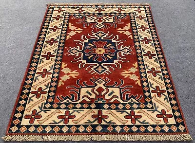 Authentic Hand Knotted Afghan Kazak Wool Area Rug 4.4 X 3.6 Ft (2145 HM) • £96.44