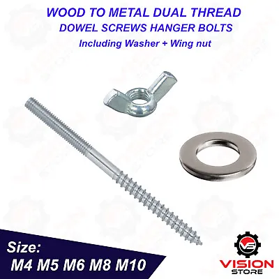 M4 M6 M8 M10 Wood To Metal Dowels Hanger Bolts Screws + Wing Nuts Washers Kit • £3.20