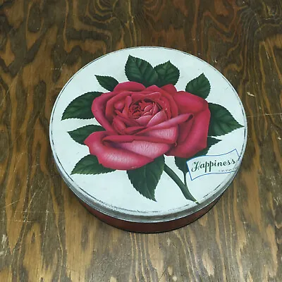 Vintage Empty Round Tin With Rose Lid Happiness By Star Roses Mrs.Steven's  • $19.95