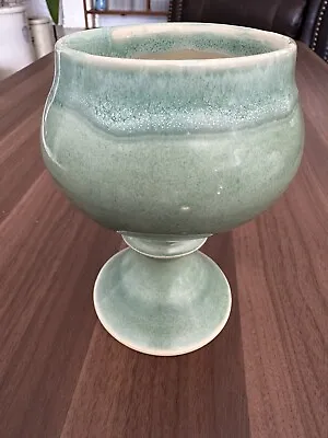 Vintage Green Drip Glazed Chalice Planter Goblet Vase Footed Wine Glass Handmade • $12.99