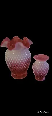 Vintage FENTON GLASS Pink Cranberry Opalescent Hobnail Ruffled Vases  • $45