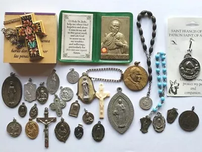 Vtg Lot Catholic Rosary Chaplets Mary Jesus Saints Medals Crucifix Pope St Jude • $14