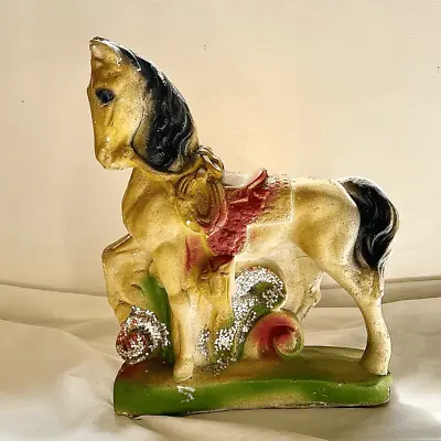 $25 • Buy Vintage Carnival Chalkware Horse Glitter 8.5” Long X 10” Tall. The Glitter Is On