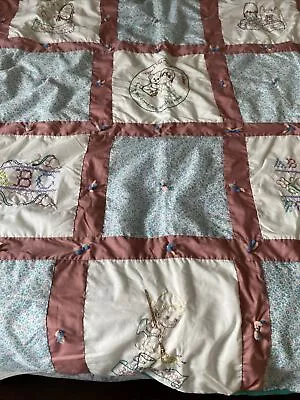 Antique Vintage Kitten Cat Embroidered Child's Quilt Cotton Hand Stitched 46x58  • $25