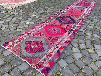 Carpet Bohemian Wool Runner Rug Turkish Vintage Handmade Rug Runner25 X 123 • $380