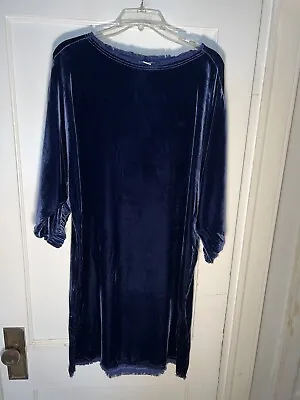 Sundance Midnight Velvet Dress Shift 3/4 Sleeves Fringe Collar Hem Blue Size M • $52.50