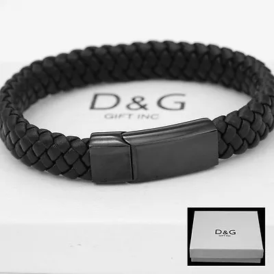 DG Men's Stainless-Steel 8.5  Black Braided Leather Magnetic BraceletUnisex*BOX • $17.99