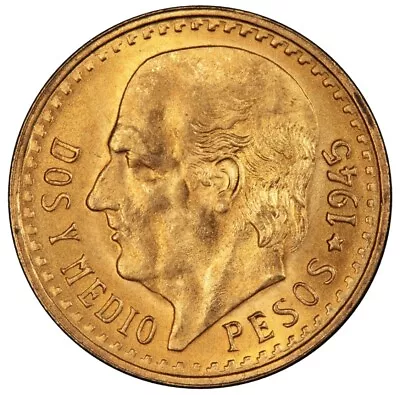 1945 Mexico Dos Y Medio 2.5 Pesos 90% Gold Coin BU 2.083 Grams 22k Investment • $175