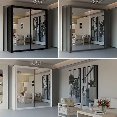 Chicago Modern Double Sliding Mirror Door Bedroom Wardrobe In 3 Colors 4 Sizes • £399