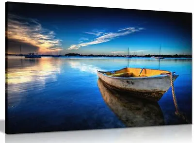 £24.99 • Buy Landscape Blue Boat On Sea & Sky Painting Canvas Wall Art Picture Print