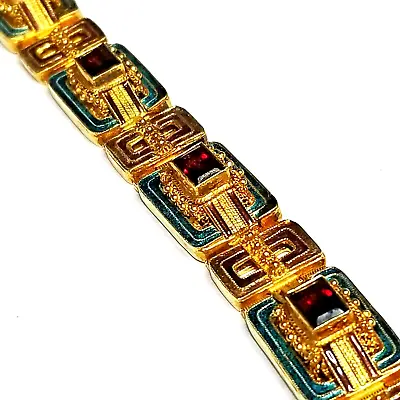 Sterling Vermeil Garnet Mogul Bracelet Enamel Gilt Gold Mongolian Vintage 925 • $157.50