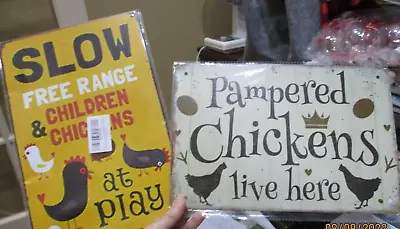 2 Metal Sign Retro SLOW FREE RANGE CHILDREN & CHICKENS & PAMPERED CHICKENS LIVE • $19.99