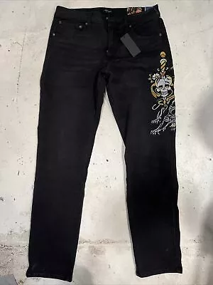 Ed Hardy Men’s Jeans Denim Black Embroidered Skull Snake Panther 34 X 32 🐍 💀 • $60