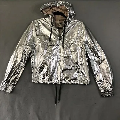 H&M X Coachella Metallic Silver Hooded Jacket 1/2 Zip Crop Womens Size 12 Large • $10.49