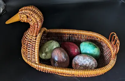 Duck Wicker Basket With 5 Vintage Genuine Alabaster Marble Eggs Made In Italy • $20.50