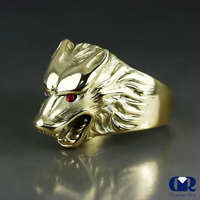 $1150 • Buy Men's Ruby 14K Solid Yellow Gold Wolf Pinky Ring
