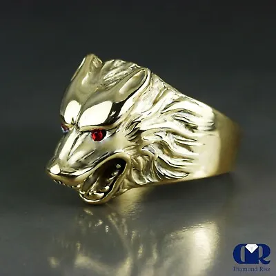 Men's Ruby 14K Solid Yellow Gold Wolf Pinky Ring • $1390